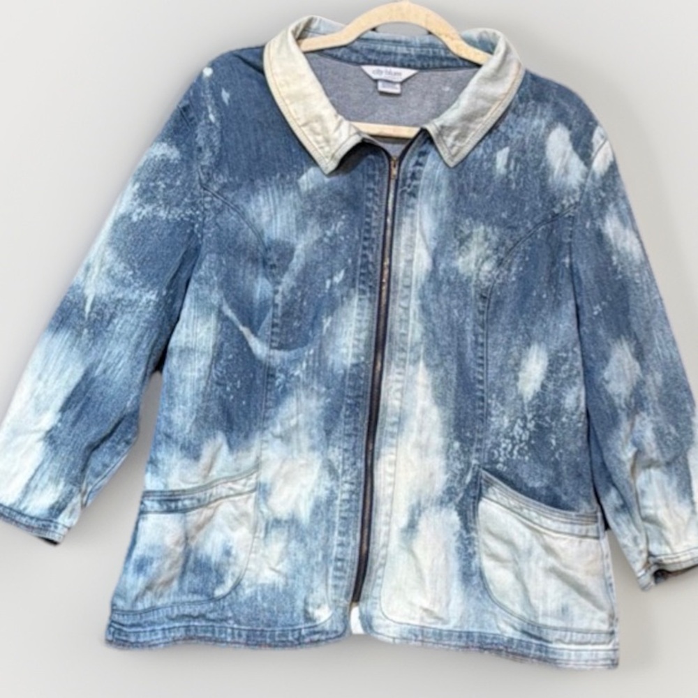 City Blues by Koret Bleach Dyed Denim Jacket XL Zip Front Patch Pockets Upcycled